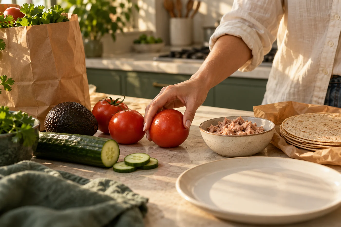 Ingredientes cotidianos sobre una encimera: tortillas, atún y verduras