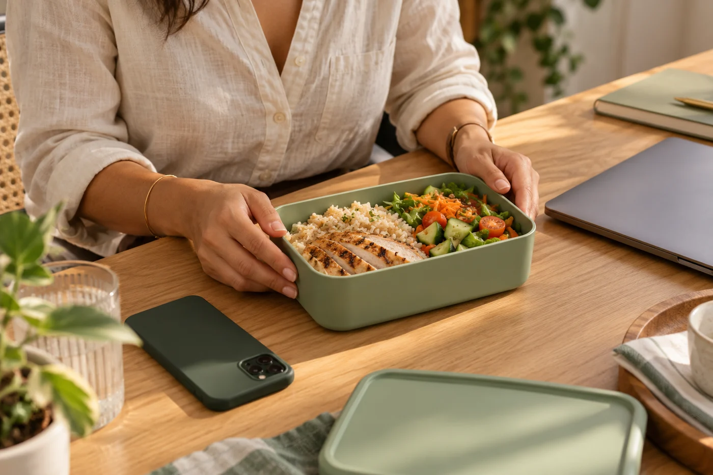 Un almuerzo cotidiano con pollo, arroz y verduras en una mesa de trabajo