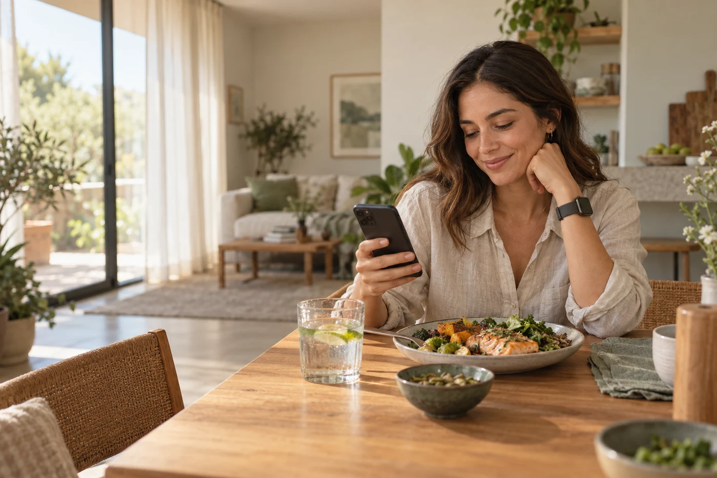 Escena ilustrativa de una mujer consultando su teléfono durante la cena